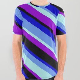[ Thumbnail: Colorful Blue, Cornflower Blue, Turquoise, Dark Violet, and Black Colored Pattern of Stripes All Over Graphic Tee ]