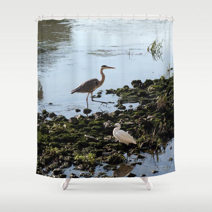 Herons on the river bank Shower Curtain