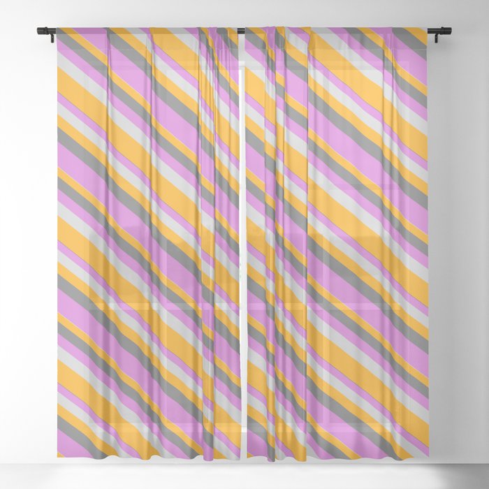 Dim Gray, Orchid, Light Gray & Orange Colored Lined Pattern Sheer Curtain