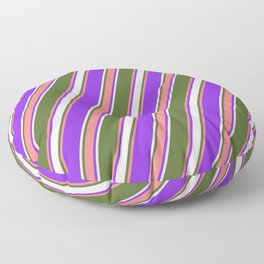 [ Thumbnail: Dark Olive Green, Light Coral, Purple & Lavender Colored Stripes/Lines Pattern Floor Pillow ]