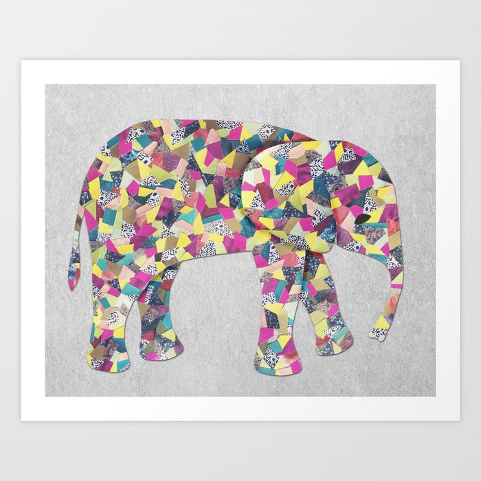 Elephant Collage in Gray Hot Pink Teal and Yellow Art Print