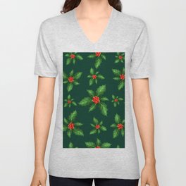 Christmas holly pattern print  V Neck T Shirt