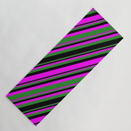 [ Thumbnail: Fuchsia, Forest Green & Black Colored Lines/Stripes Pattern Yoga Mat ]