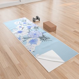 Retro Spring Wildflowers Blue Yoga Towel