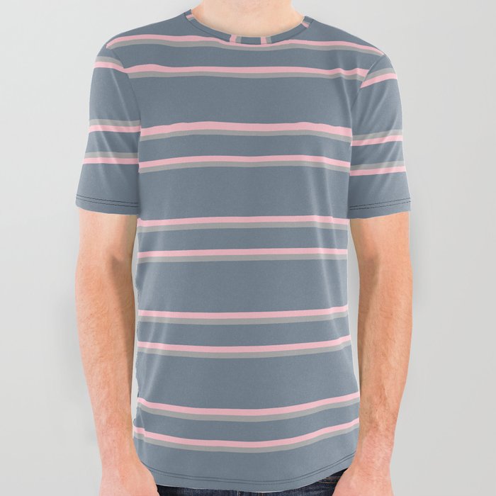 Slate Gray, Pink, and Dark Grey Colored Lines Pattern All Over Graphic Tee