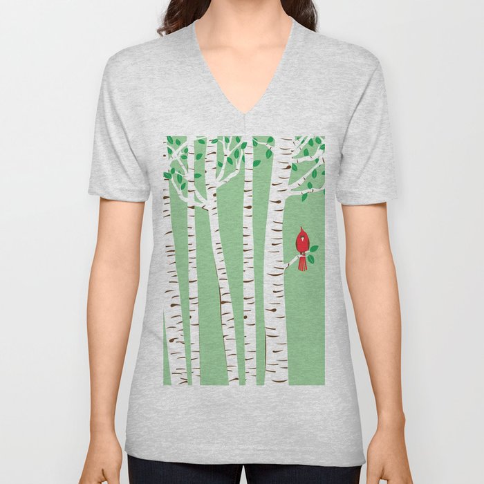 Spring Cardinal Birch Trees And Red Bird V Neck T Shirt