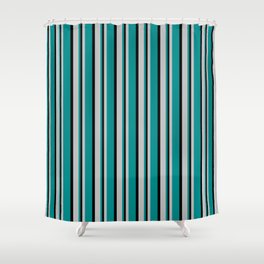[ Thumbnail: Grey, Dark Cyan & Black Colored Lined Pattern Shower Curtain ]