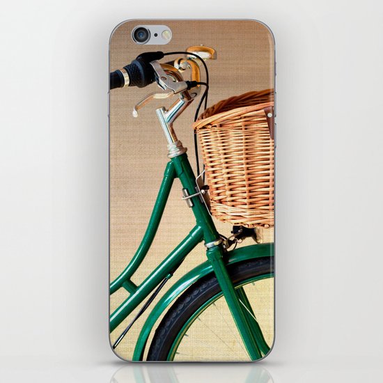 Vintage green bicycle with basket and textured background iPhone & iPod Skin