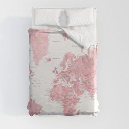 Light pink, muted pink and dusty pink watercolor world map with cities Duvet Cover