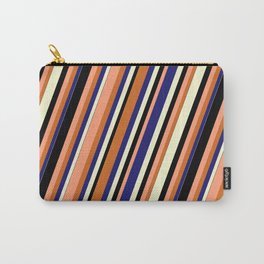 [ Thumbnail: Vibrant Light Salmon, Chocolate, Midnight Blue, Light Yellow, and Black Colored Stripes Pattern Carry-All Pouch ]