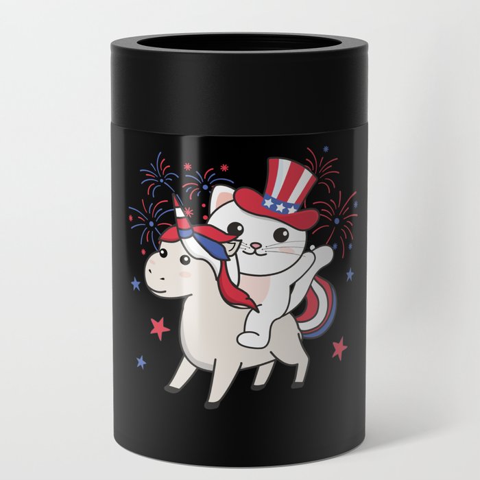 Cat With Unicorn For Fourth Of July Fireworks Can Cooler