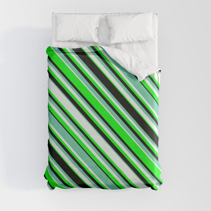 Aquamarine, Mint Cream, Lime, and Black Colored Pattern of Stripes Duvet Cover