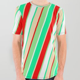 [ Thumbnail: Eye-catching Green, Tan, Red, Light Green, and White Colored Pattern of Stripes All Over Graphic Tee ]