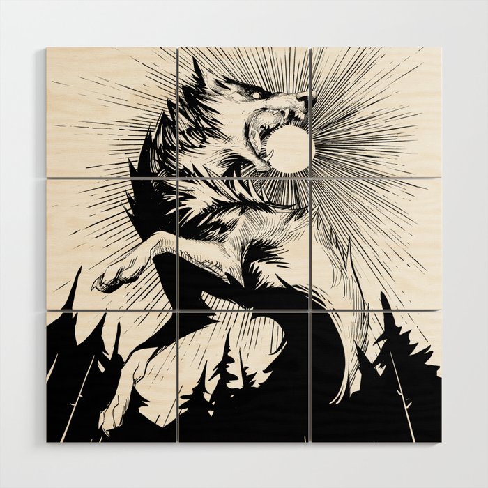 The Wolf that Swallowed the Sun - Lineart Wood Wall Art