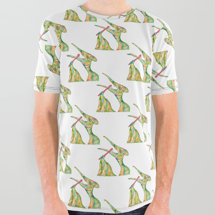 Pterodactyl brushing teeth dinosaur painting watercolour All Over Graphic Tee