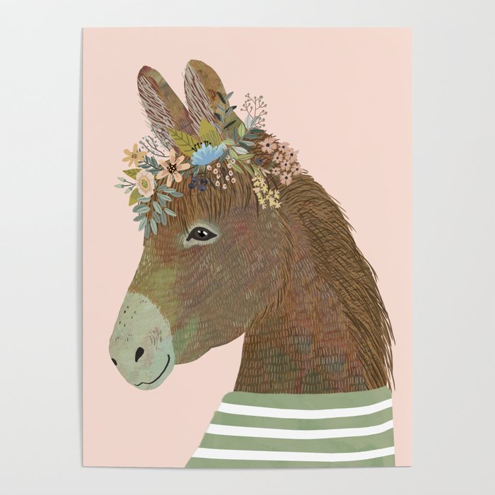 Donkey with flower crown, Kids room decor Poster