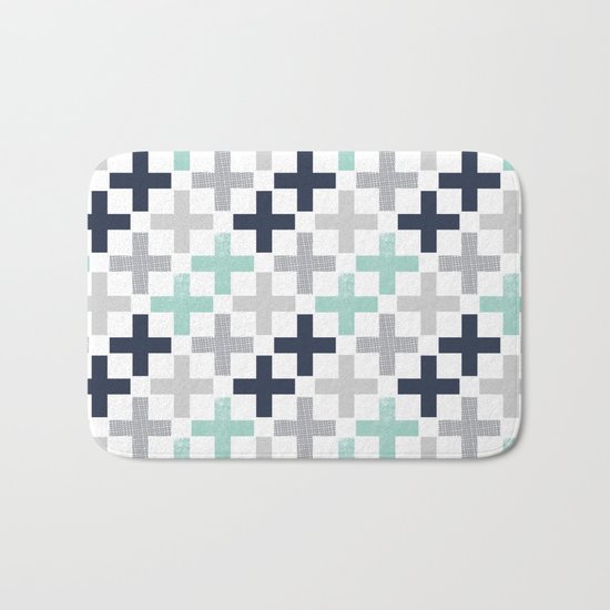 Swiss cross pattern minimal nursery basic grey and white camping cabin chalet decor Bath Mat