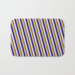 [ Thumbnail: Goldenrod, Lavender, and Dark Blue Colored Striped Pattern Bath Mat ]