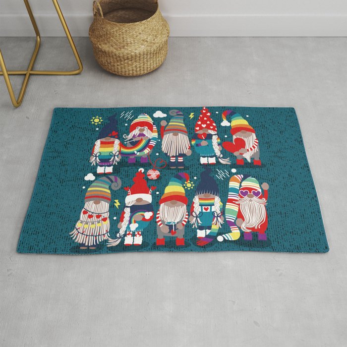 I gnome you // dark teal background little happy and lovely gnomes with rainbows vivid red hearts Rug