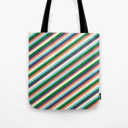 [ Thumbnail: Coral, Light Yellow, Light Sky Blue, Green & Dark Slate Blue Colored Lined/Striped Pattern Tote Bag ]