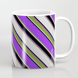 [ Thumbnail: Purple, Green, Light Gray & Black Colored Lines/Stripes Pattern Coffee Mug ]