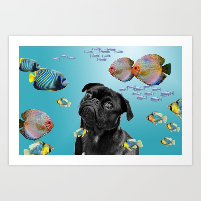 Tropic Fishes with Pug Dog Art Print