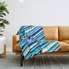 [ Thumbnail: Beige, Blue & Dark Turquoise Colored Striped/Lined Pattern Throw Blanket ]