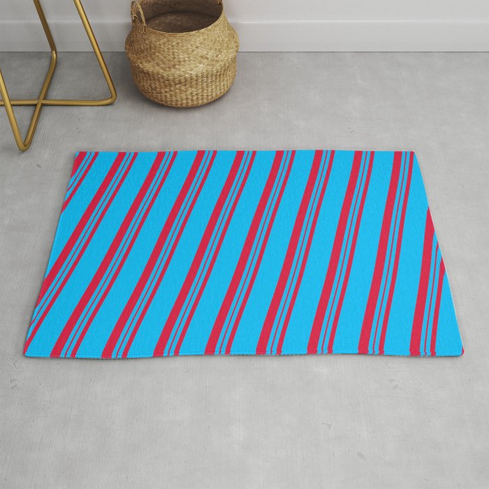 Deep Sky Blue and Crimson Colored Lines/Stripes Pattern Rug