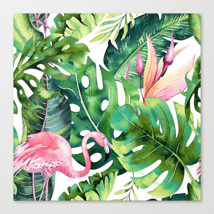 Flamingo Tropical, Colorful Tropical Jungle Monstera Painting, Watercolor Birds Banana Leaves Canvas Print