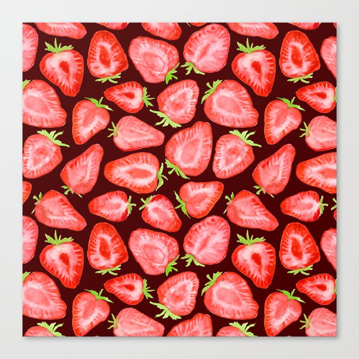 Fresh strawberry slices watercolor dark bg Canvas Print