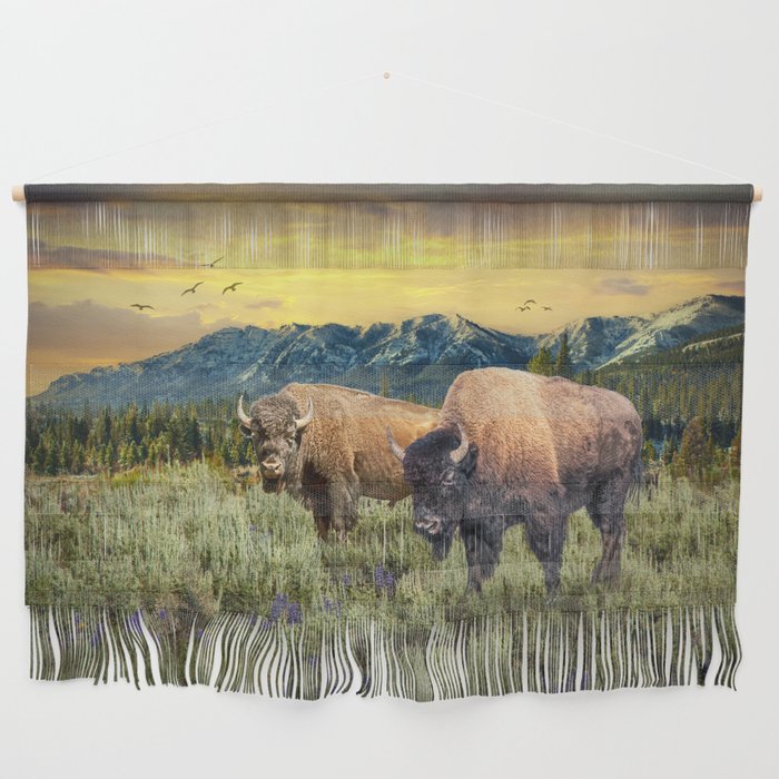 American Buffalo Western Landscape with Mountain Sunset in Yellowstone National Park Wall Hanging