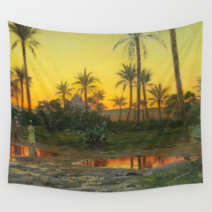 Egyptian Oasis, The Pyramids at Sunset landscape painting by Peder Mork Mønsted Wall Tapestry