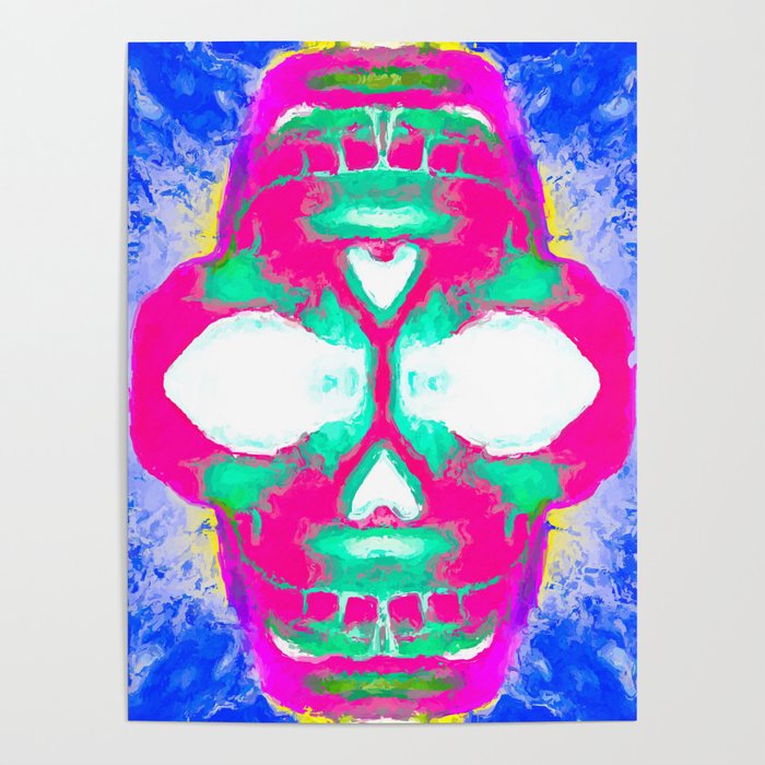 smiling pink skull head with blue and yellow background Poster