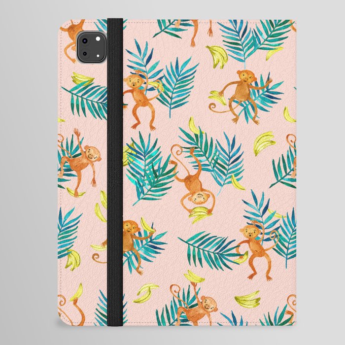 Tropical Monkey Banana Bonanza on Blush Pink iPad Folio Case