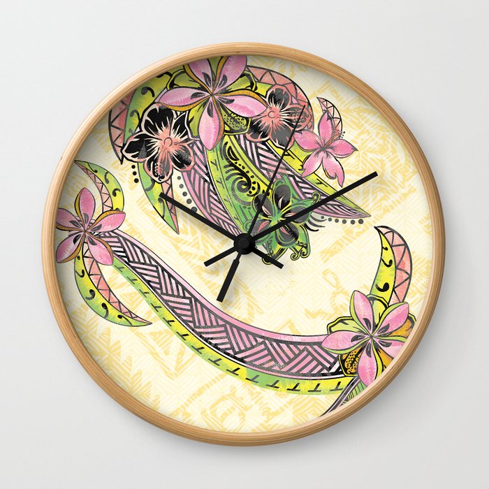 Polynesian Hand Drawn Floral Watercolor Threads Wall Clock