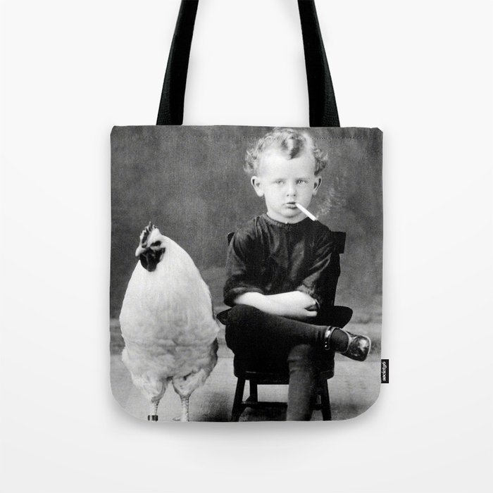 Smoking Boy with Chicken black and white photograph - photography - photographs Tote Bag