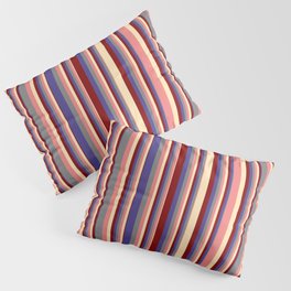 [ Thumbnail: Eyecatching Grey, Dark Slate Blue, Maroon, Beige, and Light Coral Colored Striped Pattern Pillow Sham ]