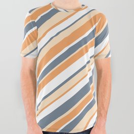 [ Thumbnail: Slate Gray, Bisque, Brown & White Colored Stripes/Lines Pattern All Over Graphic Tee ]