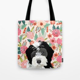 Bernedoodle floral pet portrait art print and dog gifts Tote Bag