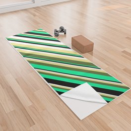 [ Thumbnail: Eyecatching Tan, Dark Olive Green, Green, Black, and White Colored Lines/Stripes Pattern Yoga Towel ]