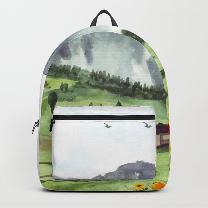 Green Nature Landscape With House And Mountain Watercolor Backpack