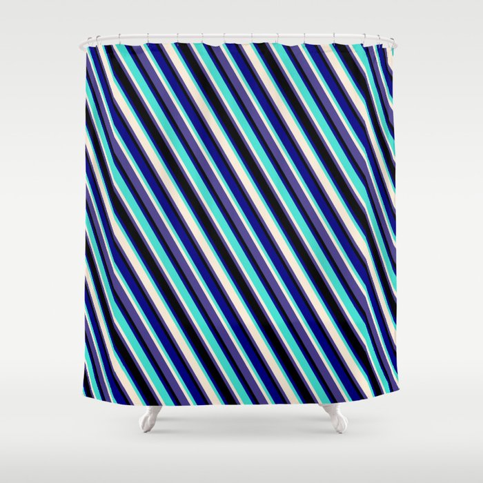 Eyecatching Blue, Turquoise, Beige, Dark Slate Blue, and Black Colored Lined Pattern Shower Curtain