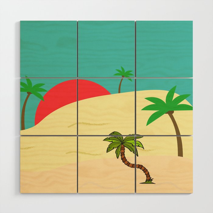 Landscape mid Century modern mint green tropical paradise valley and palm trees Sunrise  Sunset Wood Wall Art