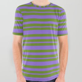 [ Thumbnail: Green and Purple Colored Lines Pattern All Over Graphic Tee ]