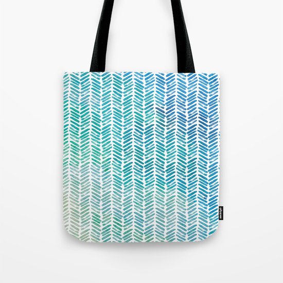 Handpainted Herringbone Chevron pattern-small-aqua watercolor on white Tote Bag