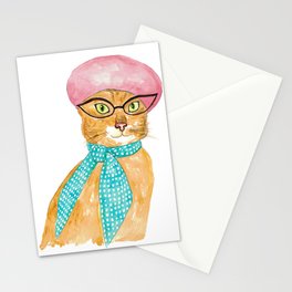 Cat in beret hat tabby Painting Wall Poster Watercolor Stationery Card