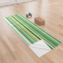 [ Thumbnail: Tan, Turquoise, Green, White, and Dark Green Colored Pattern of Stripes Yoga Towel ]