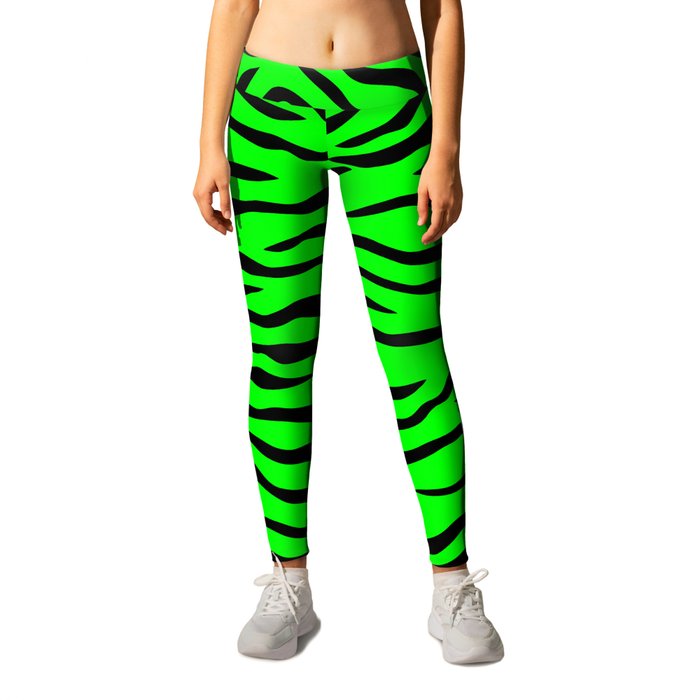Bright Neon Green and Black Tiger Stripes Leggings by PodArtist