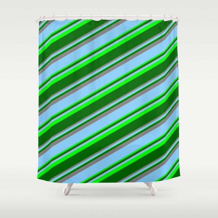 Light Sky Blue, Lime, Dark Green & Grey Colored Striped Pattern Shower Curtain