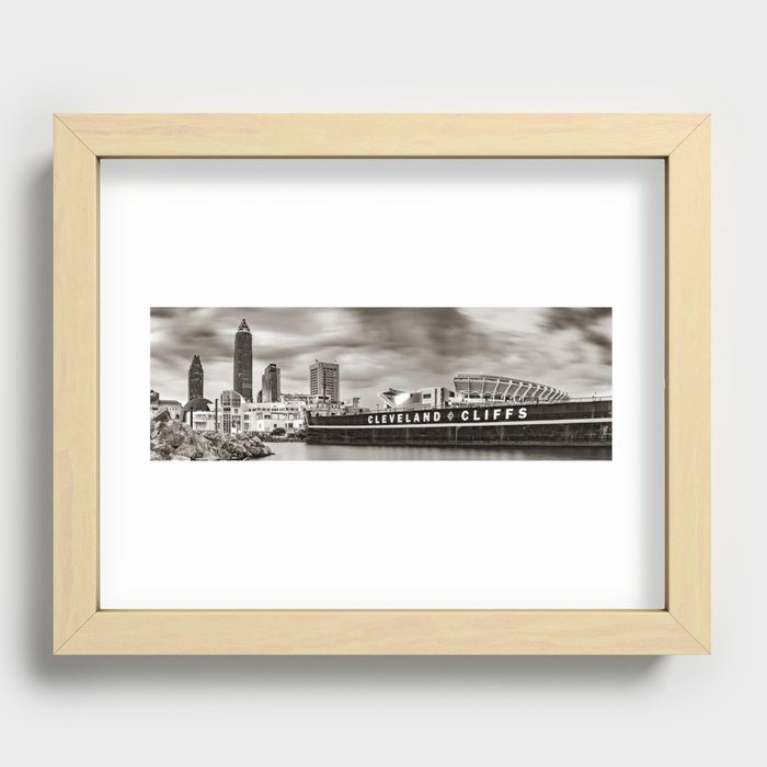 Cleveland Cliffs Skyline And Browns Stadium Panorama In Sepia Recessed Framed Print
